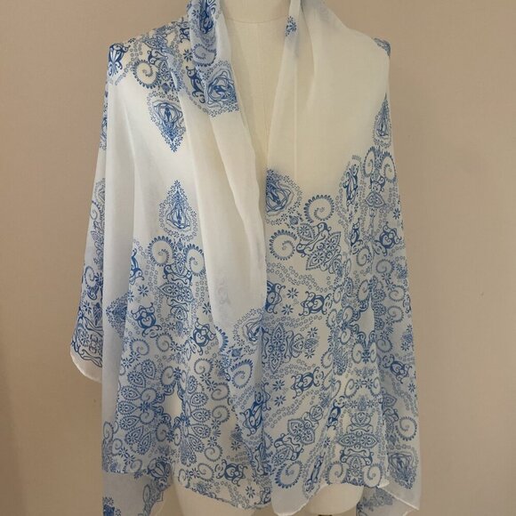 Vintage Baroque Silky Scarf Wrap Blue Medallion Sheer Lightweight 62 X 28" - Picture 2 of 8